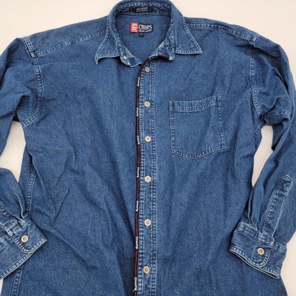 Vintage Spell Out Vertical CHAPS RALPH LAUREN Denim Button-Up Shirt Size Large